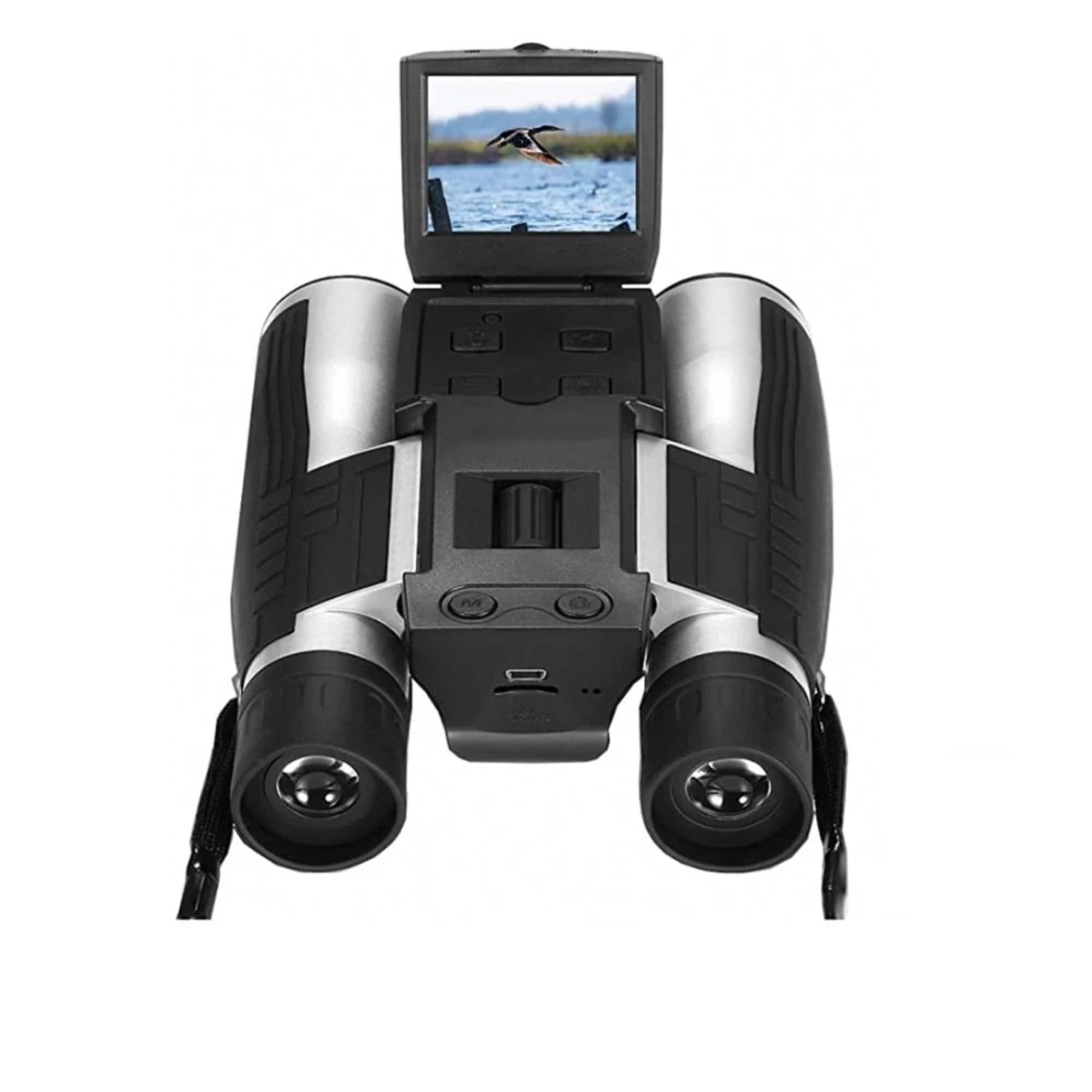 ClaroVis Binoculars with a built-in screen displaying an image of a duck on water.