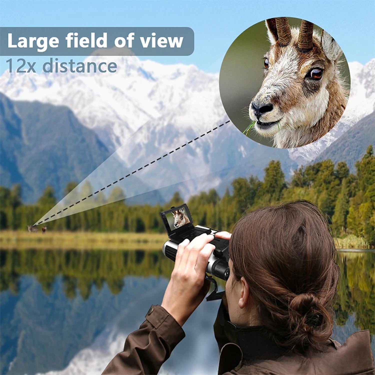 Person taking a photo of a goat with a large field of view and 12x distance feature highlighted.