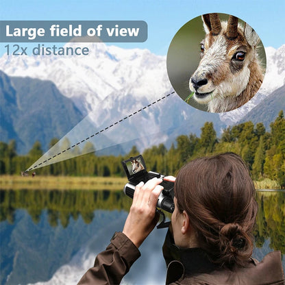 Person taking a photo of a goat with a large field of view and 12x distance feature highlighted.