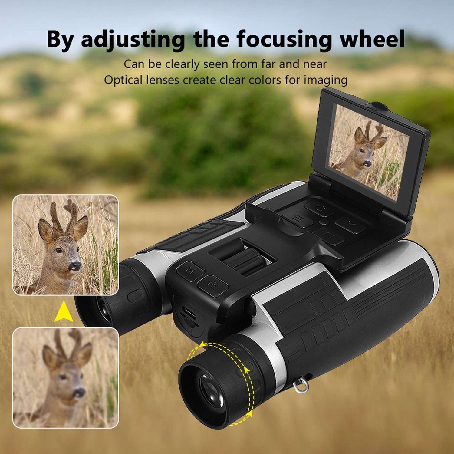 ClaroVis Binoculars with digital display showing a deer in a natural setting, with text about focusing wheel and lens clarity.