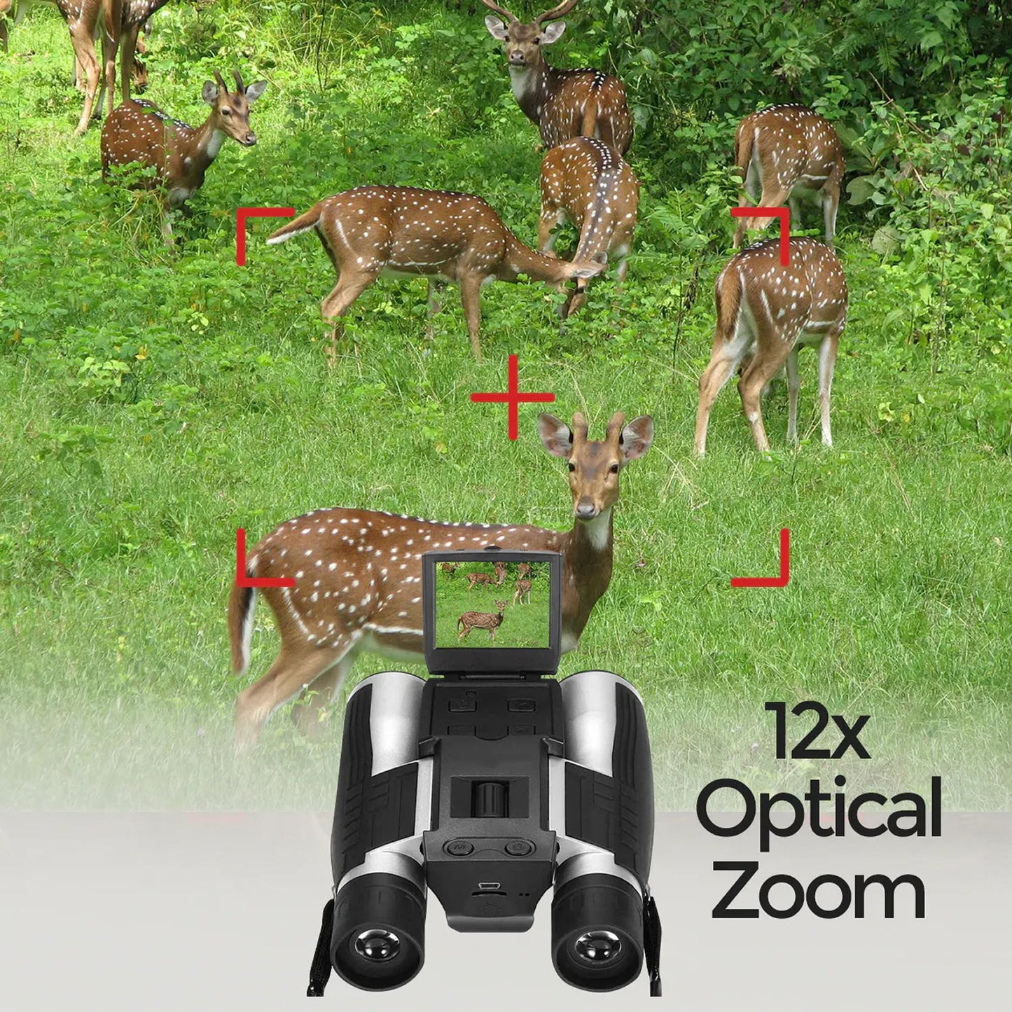 ClaroVis Binoculars with 12x optical zoom displayed over a scene of deer in a forest.