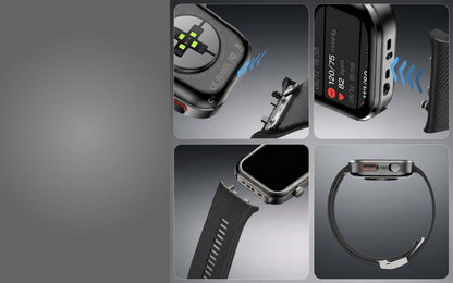 Collage of Clorant Blood Pressure Smartwatch images with different angles and features on a gray background