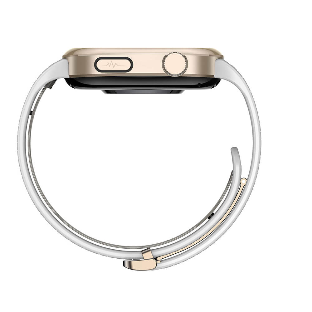 Clorant Blood Pressure Smartwatch with a gold and white band on a white background
