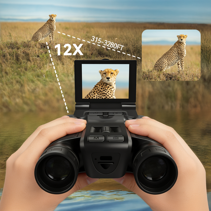 Clorant Digital Binoculars with Camera with a screen displaying a cheetah in a grassy field, with text indicating magnification and range.