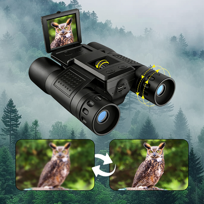 Clorant Digital Binoculars with Camera with screen displaying an owl, set against a forest background.