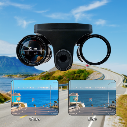 Clorant Digital Binoculars with Camera lens with specifications against a scenic road and sea background