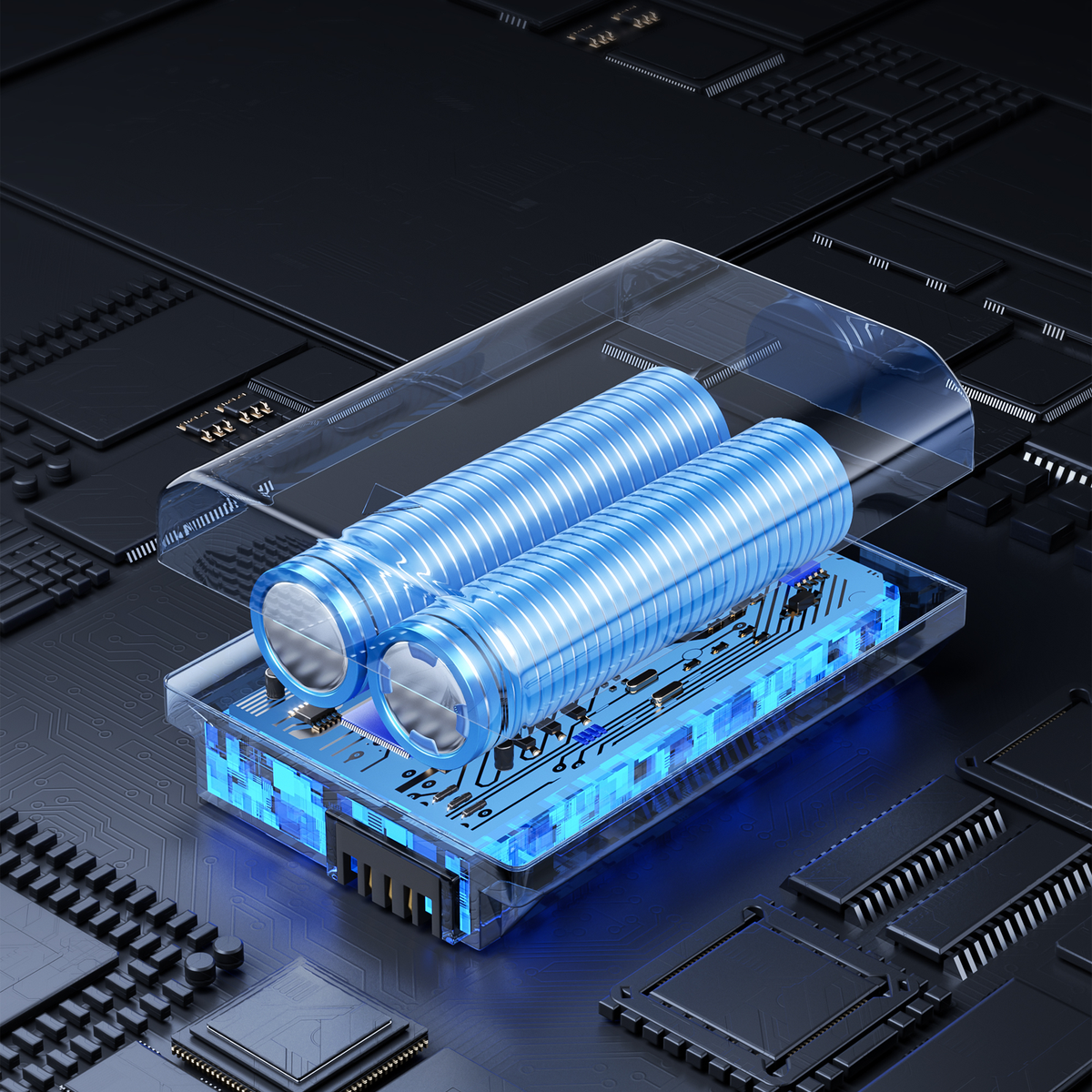 Blue Clorant Digital Binoculars batteries on a circuit board with a dark background