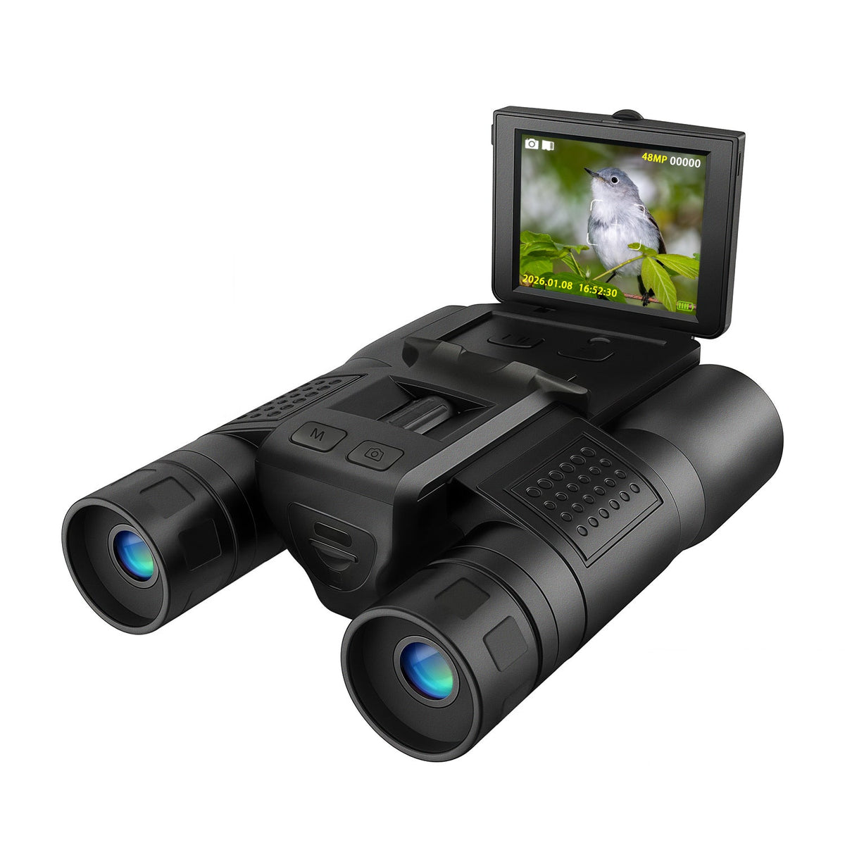 Black Clorant Digital Binoculars with Camera with digital display showing a bird on a white background