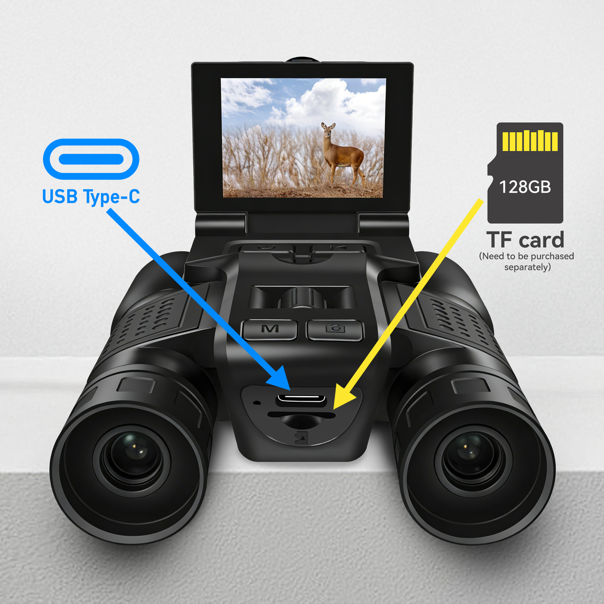 Black Clorant Digital Binoculars with Camera with digital display, USB Type-C connection, and 128GB TF card slot on a light gray background.