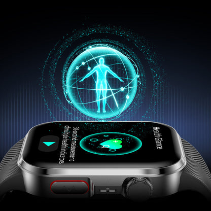 Clorant Smart Blood Pressure Smartwatch displaying health app with glowing digital illustration of a person on a dark background