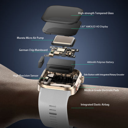 Disassembled Clorant Smart Blood Pressure Smartwatch with labeled components on a dark background