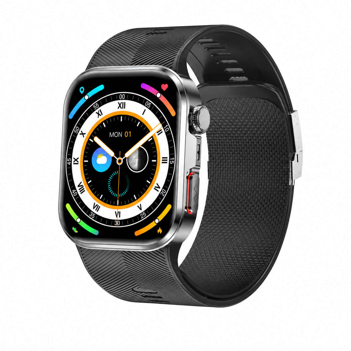 A Clorant Smart Blood Pressure Watch with a rectangular silver-toned metal case and a textured black silicone strap, shown on a plain white background. The watch face displays a digital watch interface with Roman numerals and colorful icons.