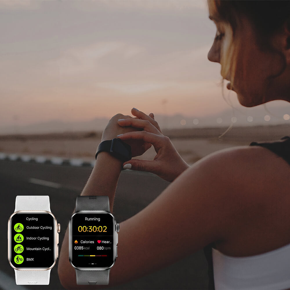 Woman using a Clorant Smart Blood Pressure Smartwatch with a scenic background