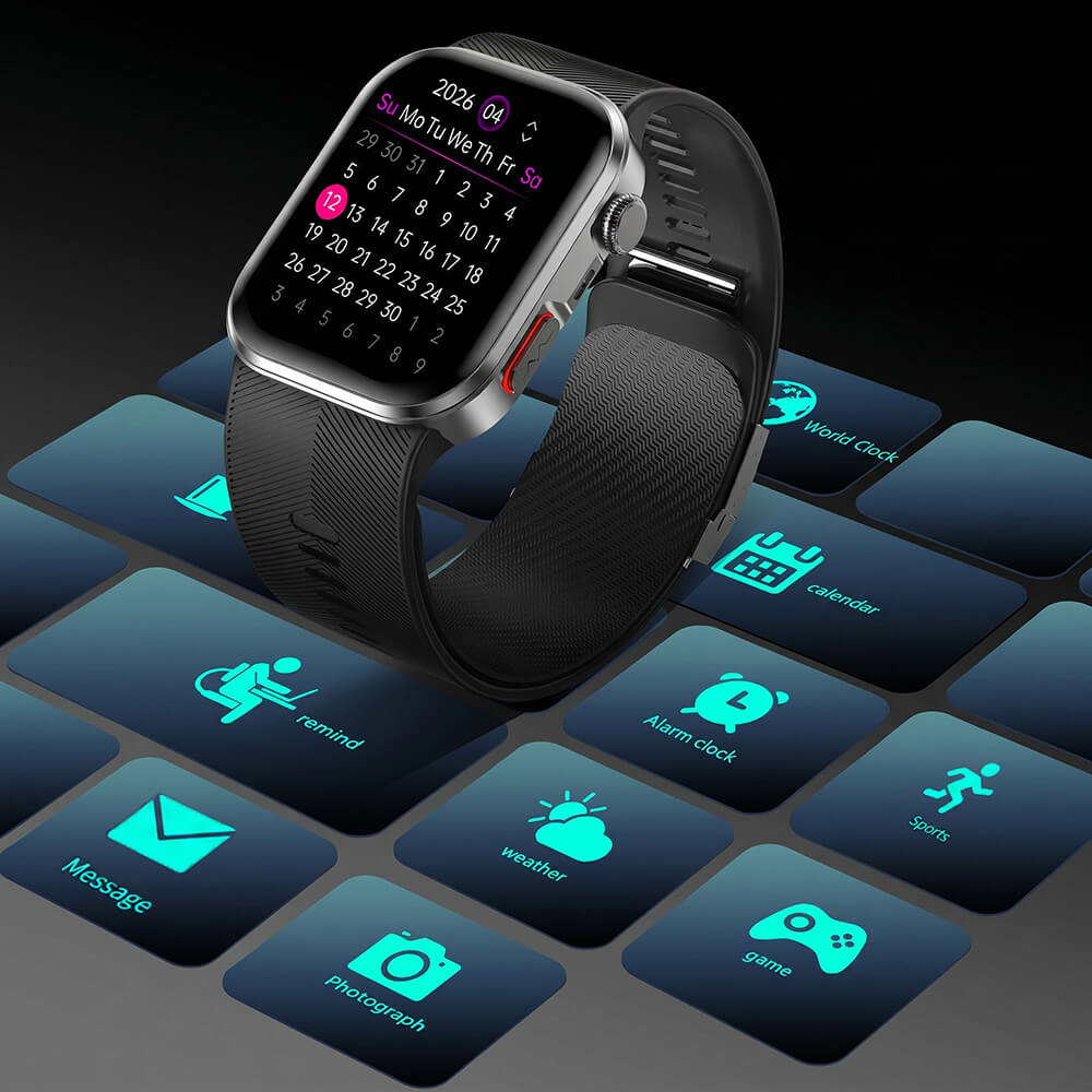 Clorant Smart Blood Pressure Smartwatch with a black band on a dark background with digital icons