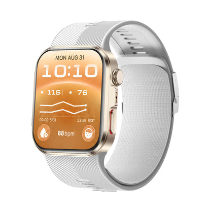 Clorant Blood Pressure Smartwatch with a rectangular gold-tone case and a textured white band, shown on a plain white background. The watch face displays an orange health-style interface with time, heart rate, and other metrics.
