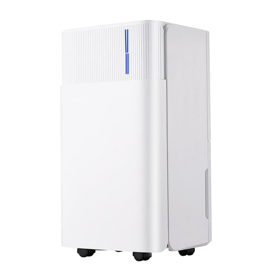 A white portable Drymorax Dehumidifier with black caster wheels and a vertical blue LED indicator light on the front, shown against a plain white background.