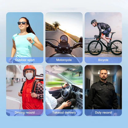 Collage of people engaged in various activities including outdoor sports, motorcycle riding, cycling, driving, and delivery work.