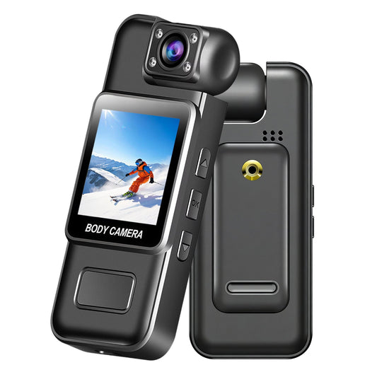 Geekik Mini Body Camera with screen displaying a skier, on a white background