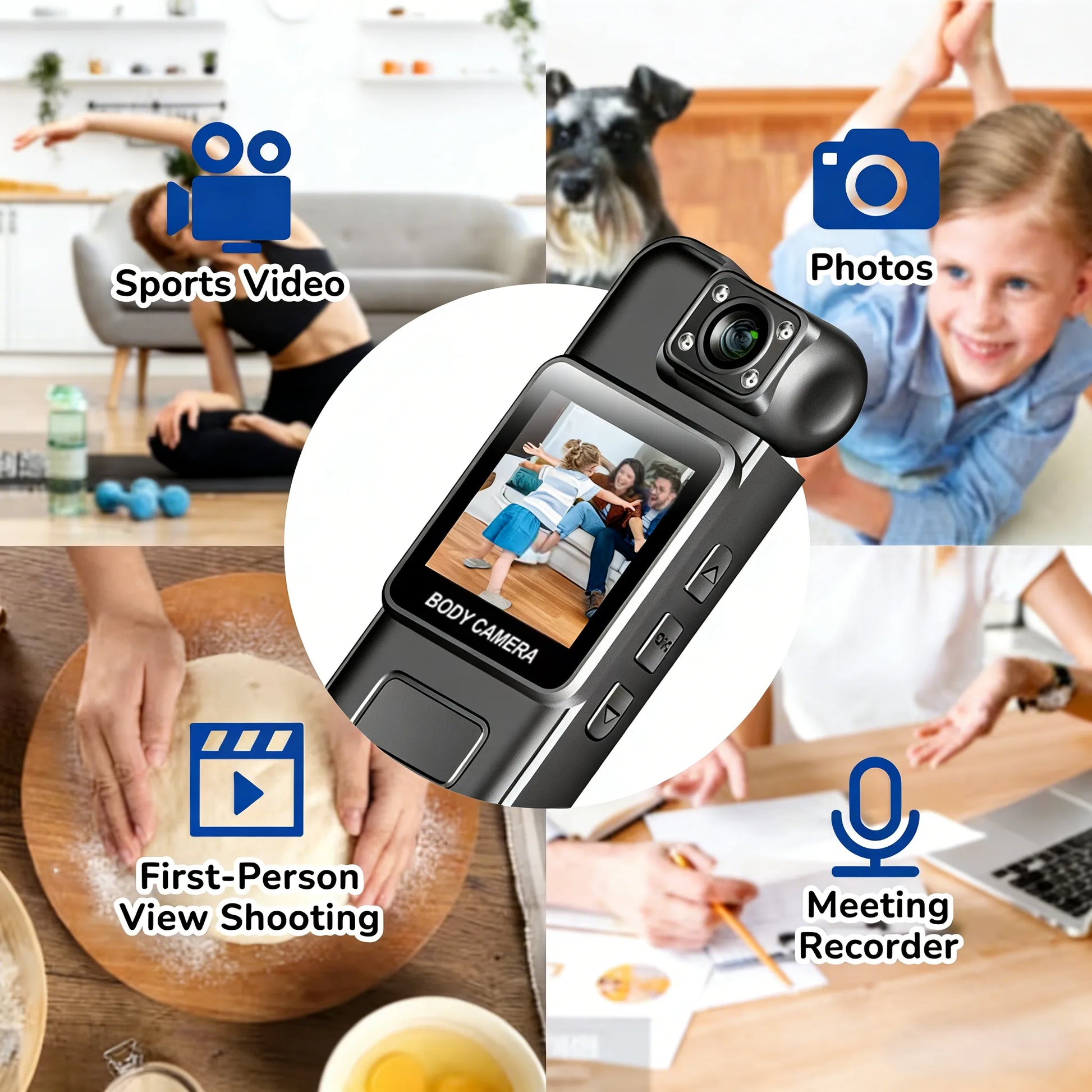 Geekik Mini Body Camera with various use cases including sports video, photos, first-person view shooting, and meeting recorder.