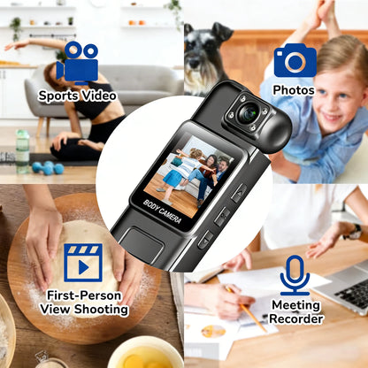 Geekik Mini Body Camera with various use cases including sports video, photos, first-person view shooting, and meeting recorder.