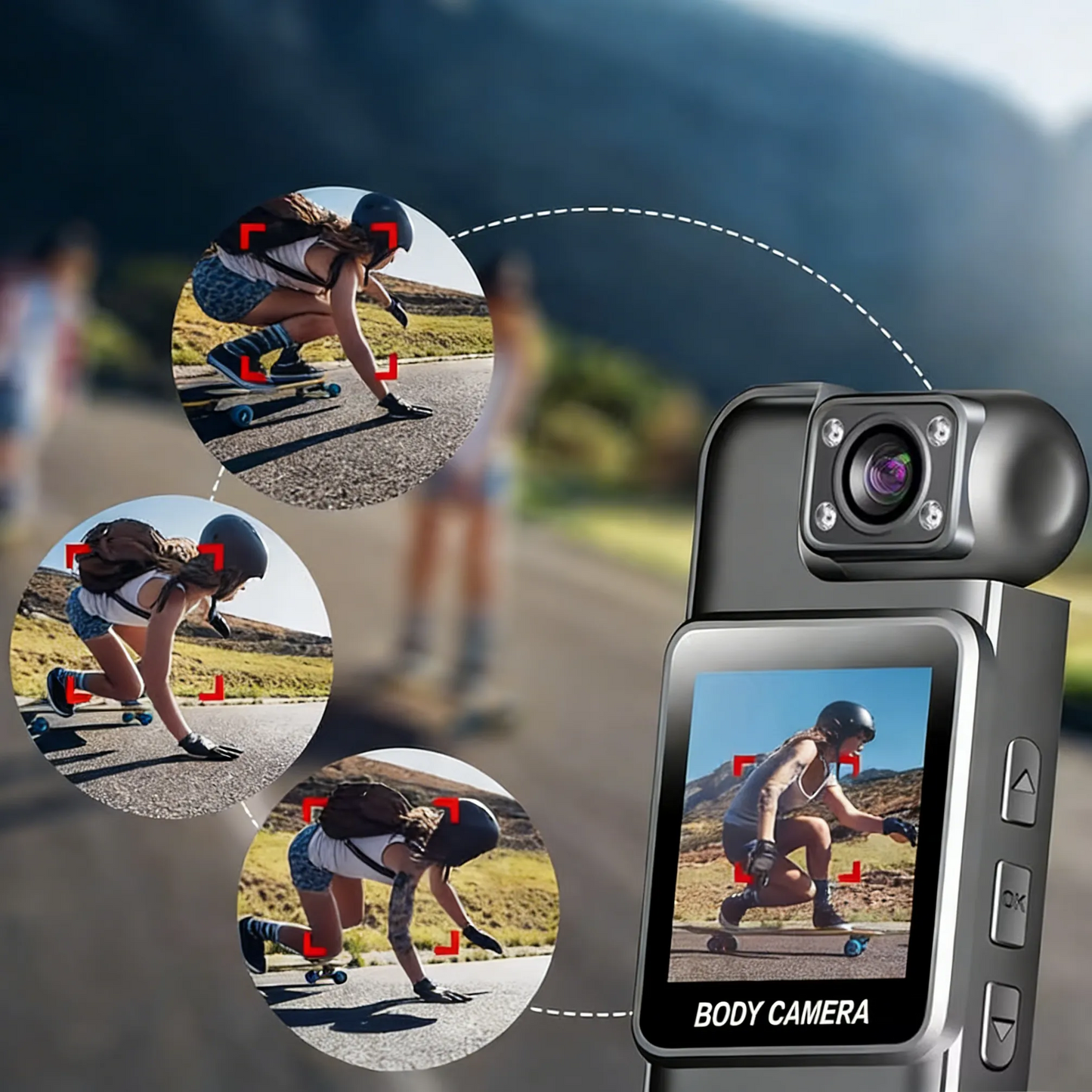 Geekik Mini Body Camera with a screen displaying footage of a person skateboarding, with additional circular insets showing different angles.
