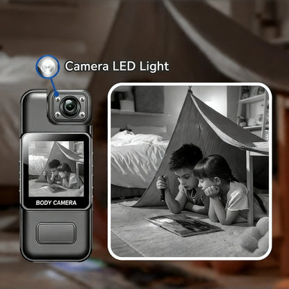 Geekik Mini Body Camera with LED light feature, shown with children playing inside a tent.