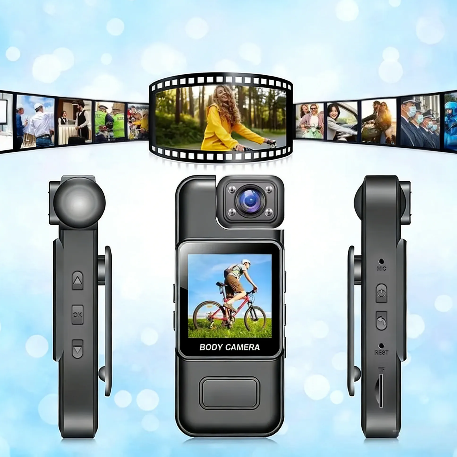 Geekik Mini Body Camera with side view and screen displaying a person on a bike, surrounded by video clips on a light blue background.