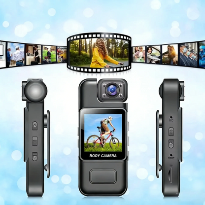 Geekik Mini Body Camera with side view and screen displaying a person on a bike, surrounded by video clips on a light blue background.