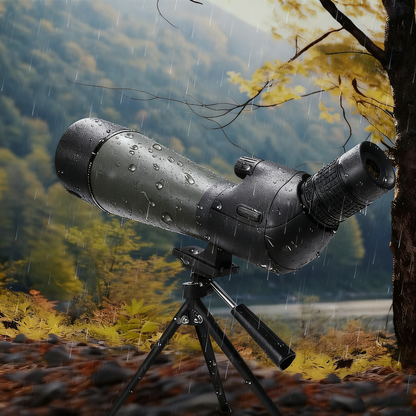 Sonora Spotting Scope on a tripod with a scenic background of trees and water.
