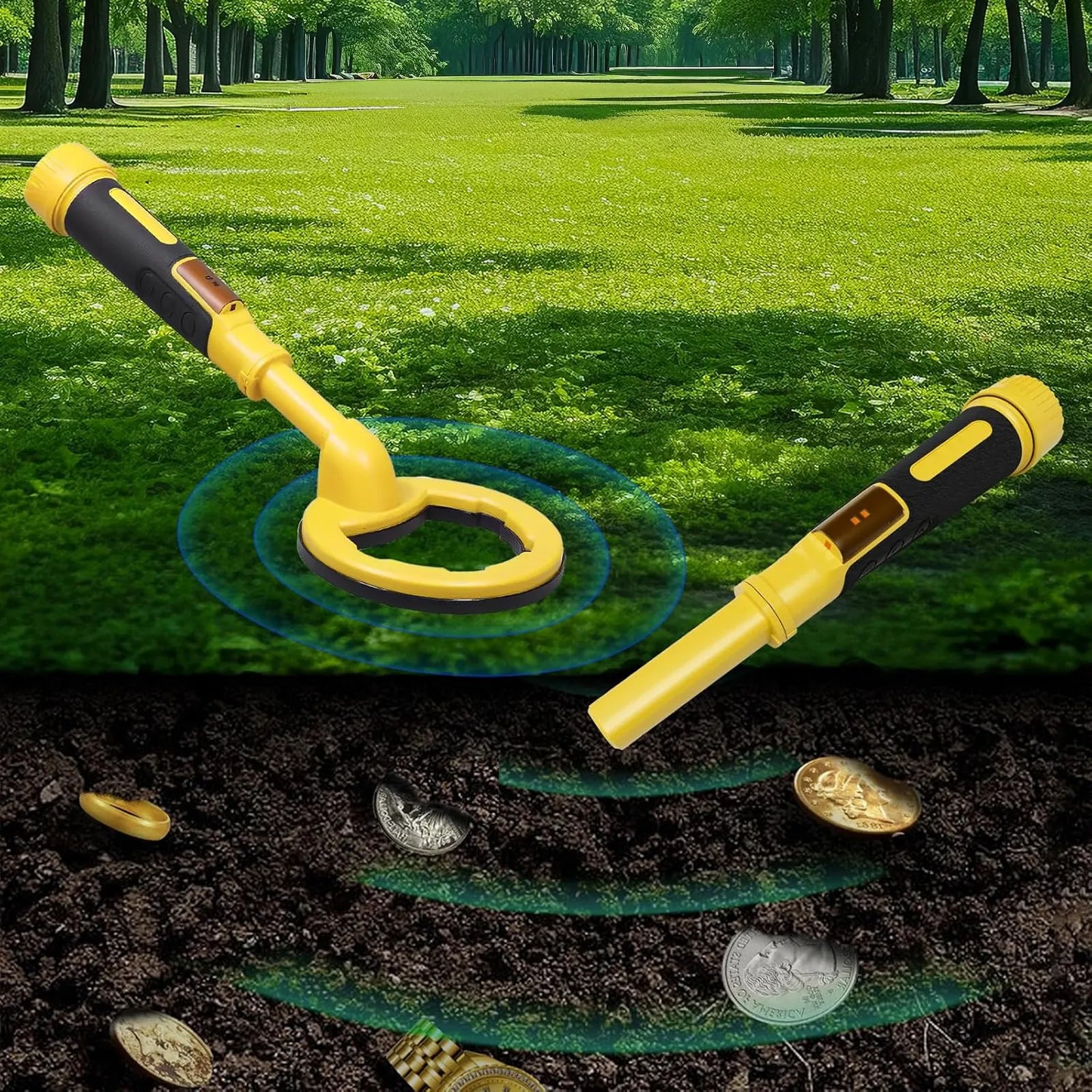 Gold Kenzor 2-in-1 Underwater Metal Detector on grass with coins buried underground