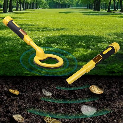 Gold Kenzor 2-in-1 Underwater Metal Detector on grass with coins buried underground
