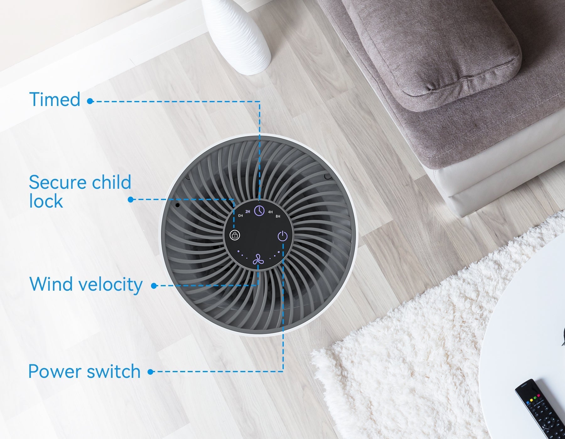 Klarity Air Purifier on a wooden floor with labeled features in a living room setting