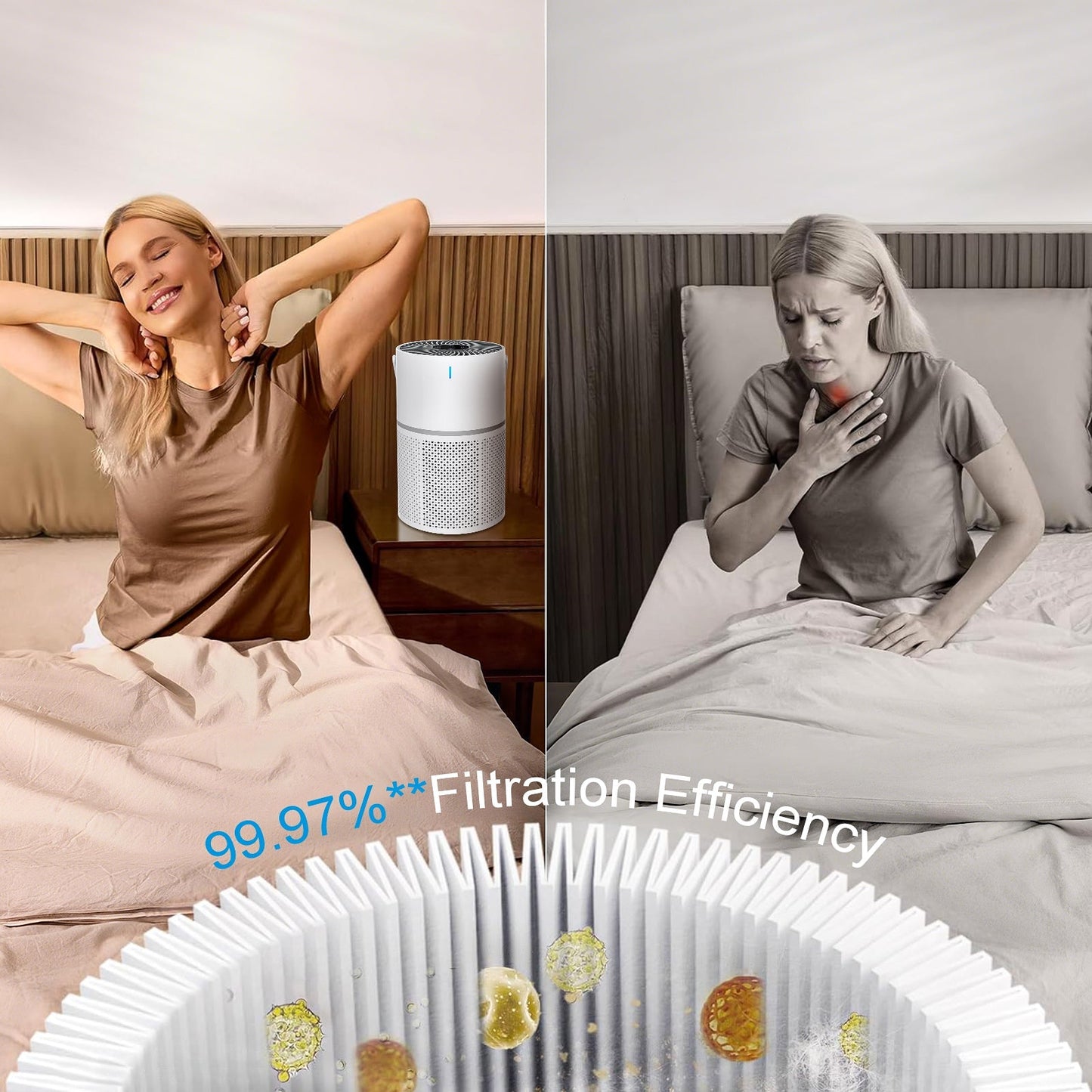 Woman using a Klarity Air Purifier in a bedroom with text indicating filtration efficiency.