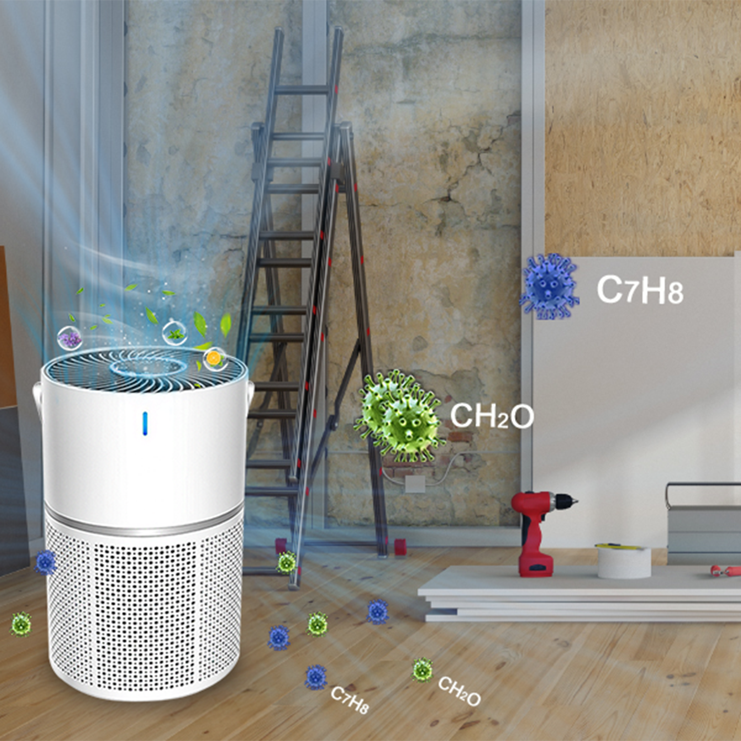 Klarity Air Purifier in a room with construction elements and chemical symbols on the wall.