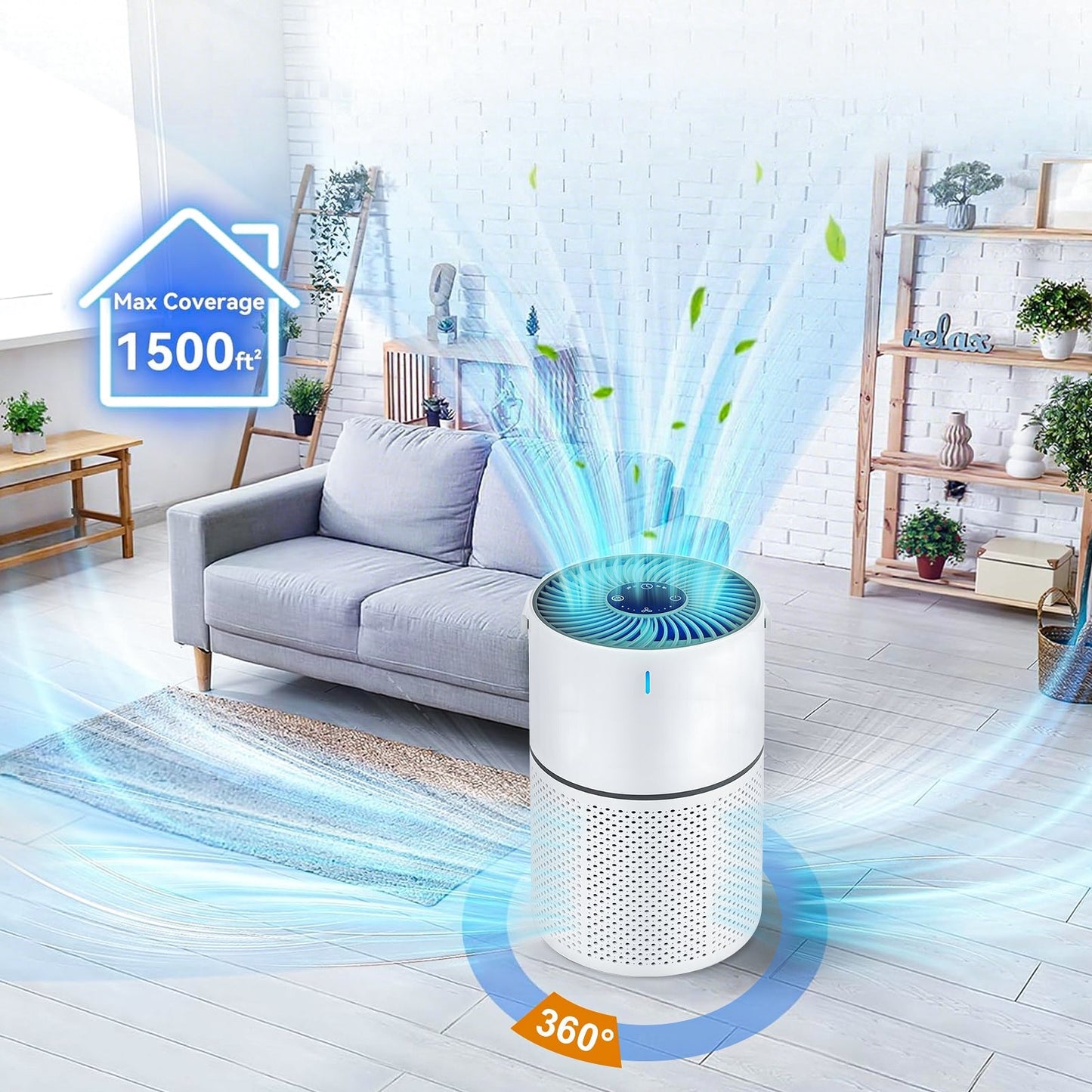 Klarity Air Purifier in a living room with max coverage and 360-degree cleaning indication.