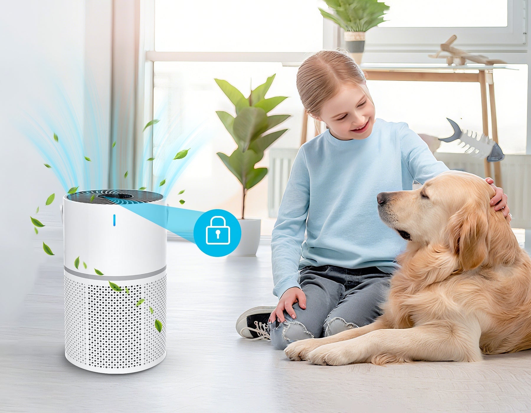 Child and dog sitting on a floor with an Klarity Air Purifier in the foreground
