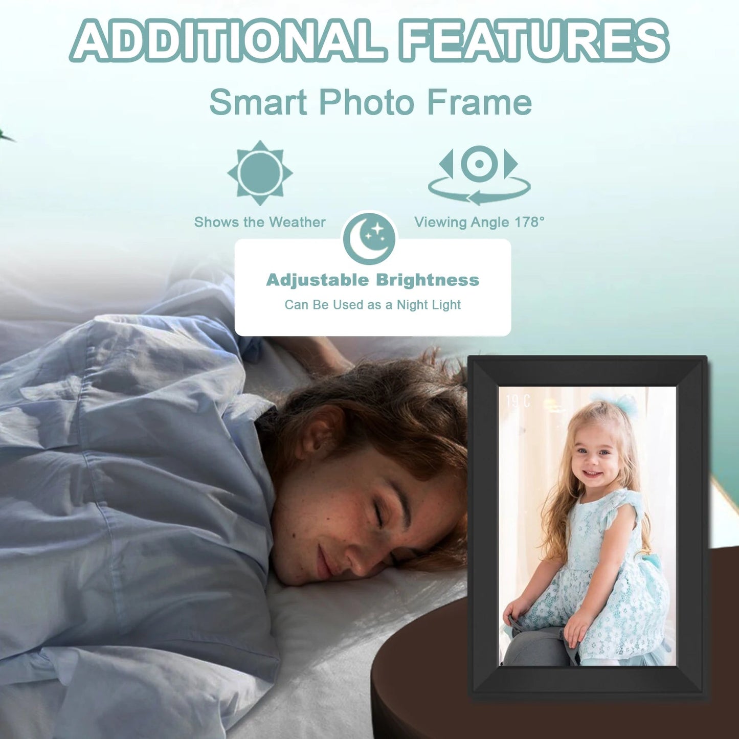 Klarity Digital Photo Frame showing a child's picture next to a person lying in bed.
