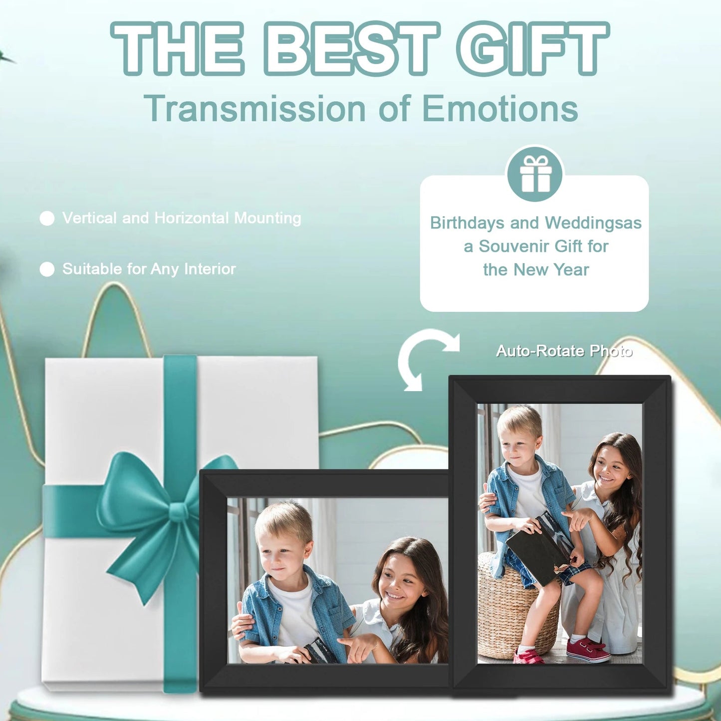 Two black Klarity Digital Photo Frame with children's pictures on a light blue background with text about the best gift.