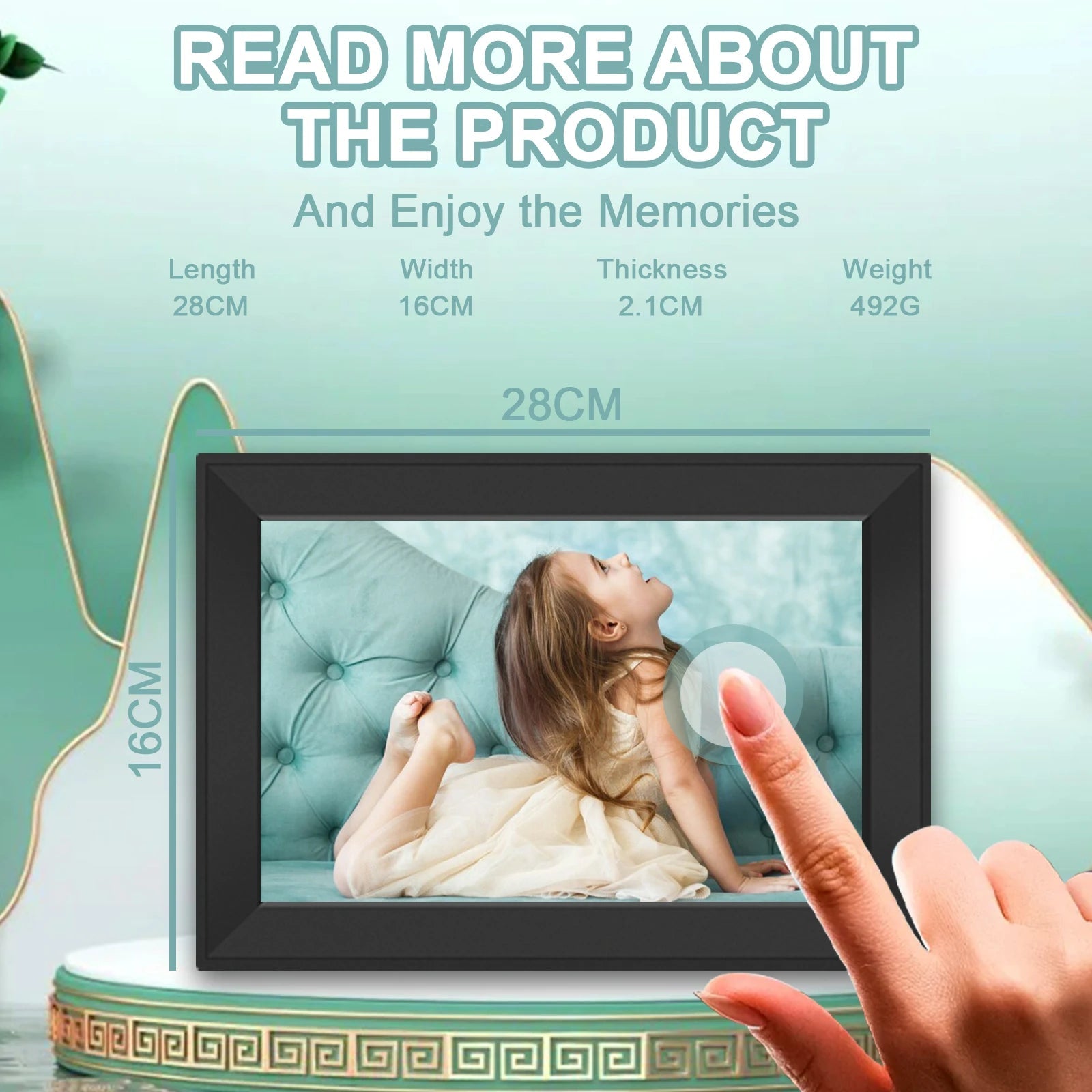 Klarity Digital Photo Frame displaying a child on a couch with product dimensions and weight information.