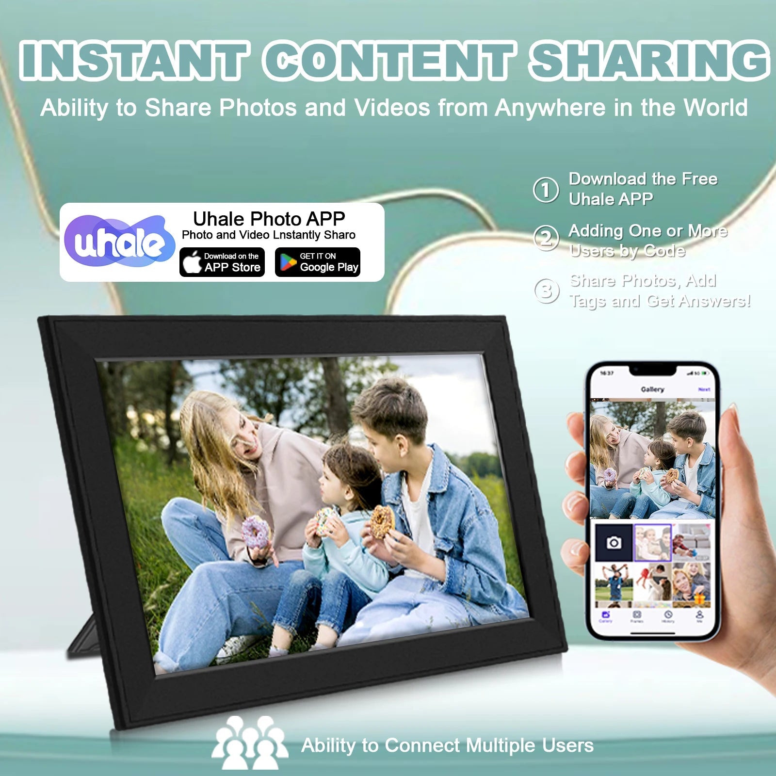Klarity Digital Photo Frame and smartphone displaying Uhalie Photo APP with family photo on screen.