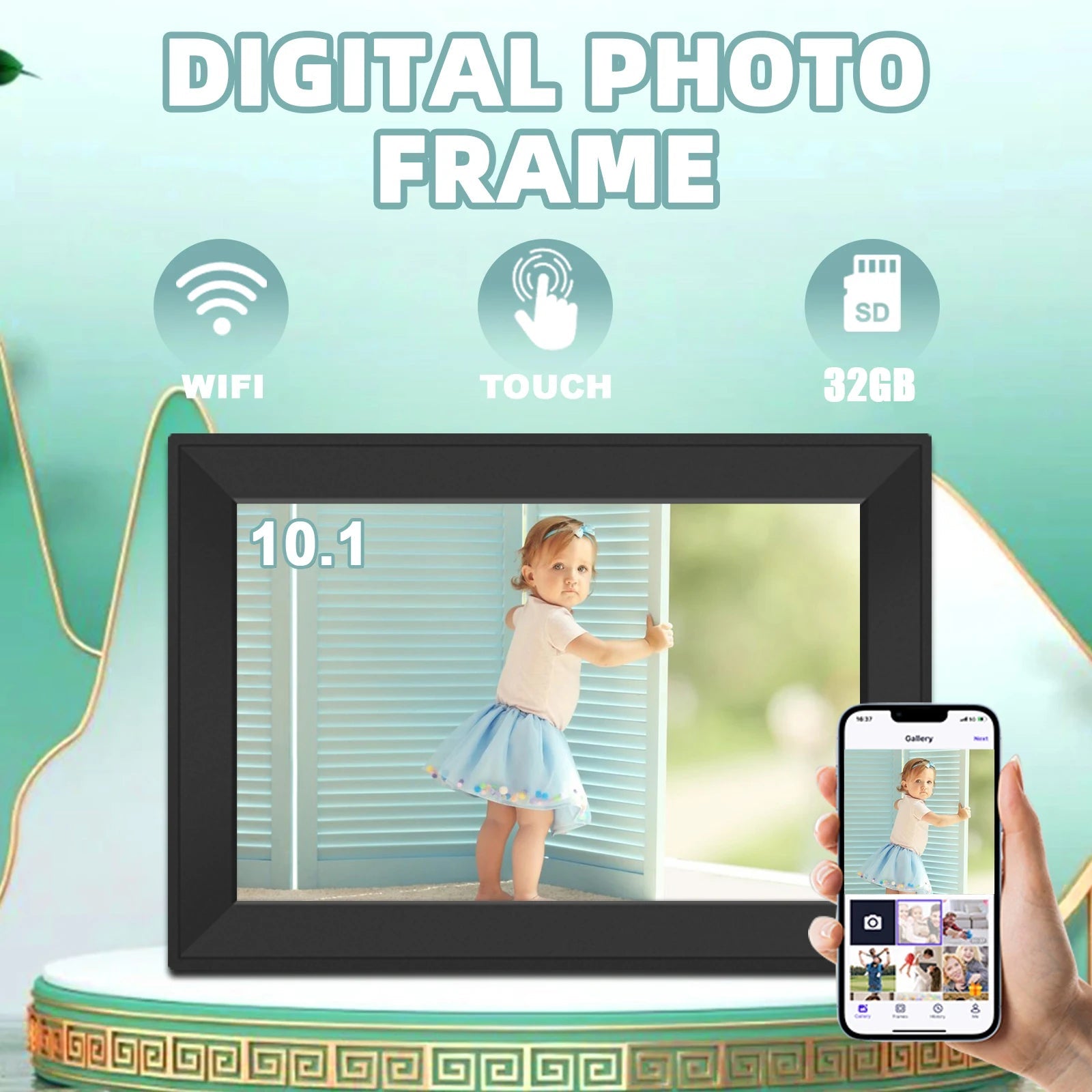 Klarity Digital Photo Frame with a child's picture displayed, held by a hand with a smartphone showing app interface.