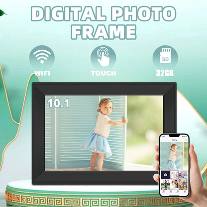 Klarity Digital Photo Frame with a child's picture displayed, held by a hand with a smartphone showing app interface.