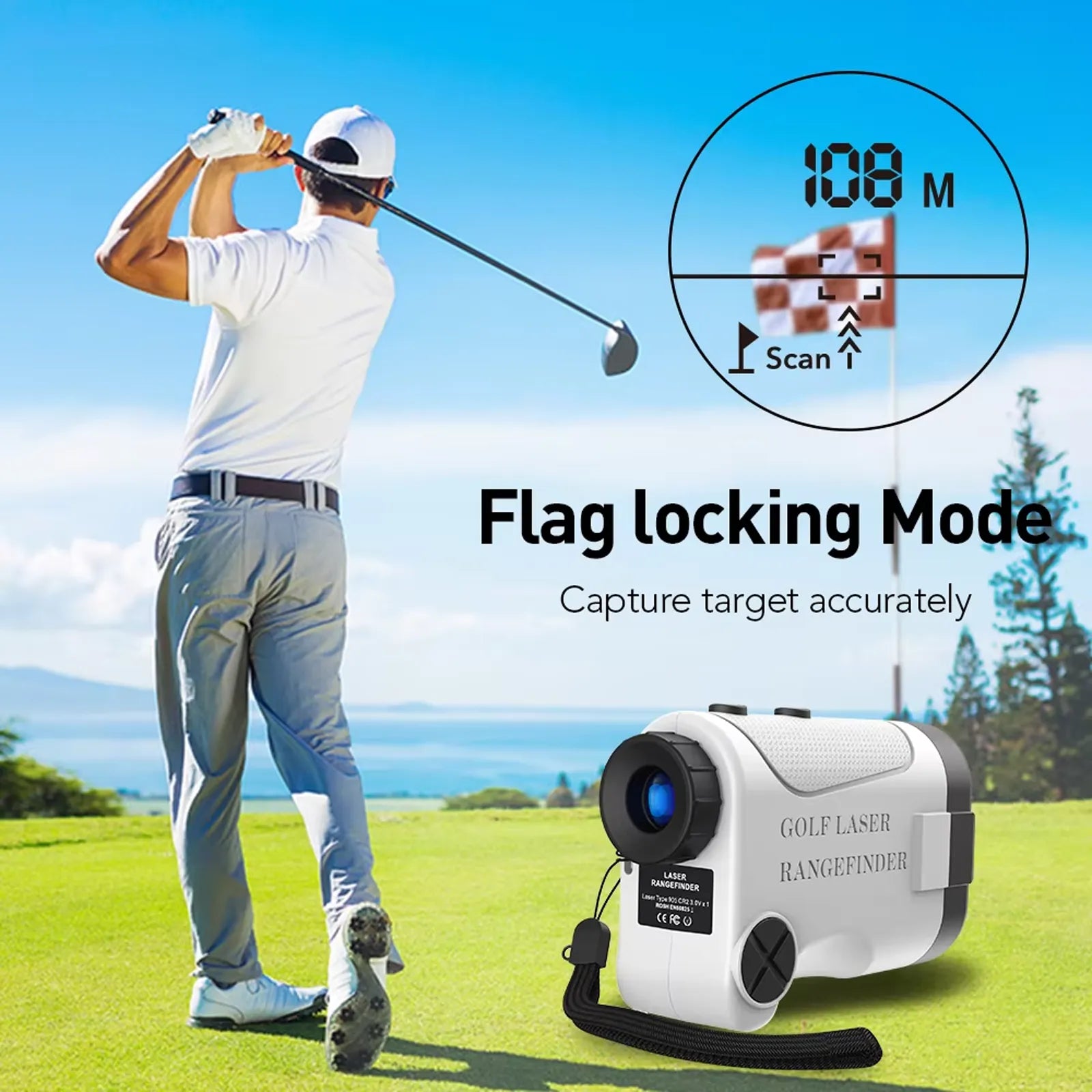 Golf player on a course with a Klarity Golf Rangefinder displaying distance.