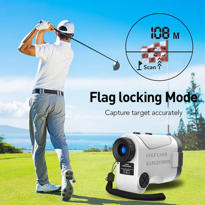 Golf player on a course with a Klarity Golf Rangefinder displaying distance.