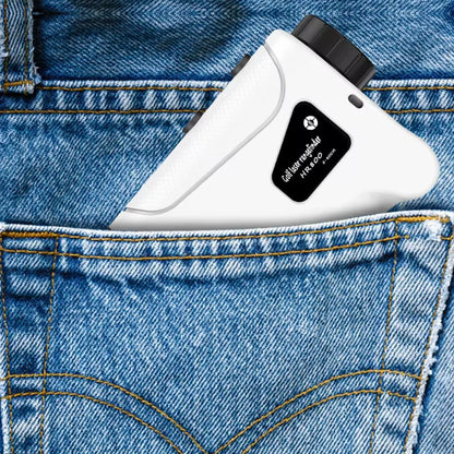 White Klarity Golf Rangefinder with black label on blue denim fabric