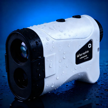 White and black Klarity Golf Rangefinder with water droplets on a blue background