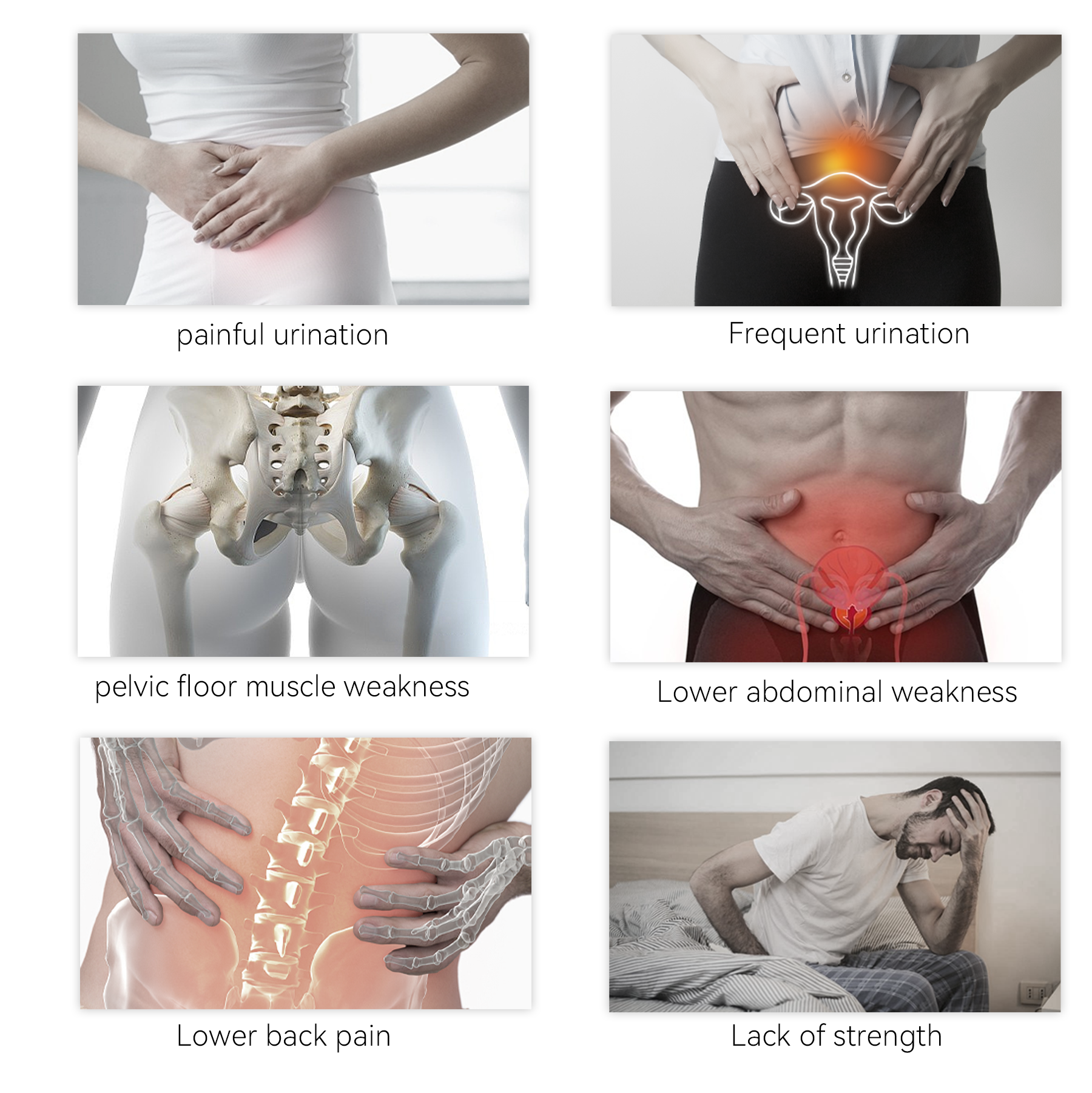 Illustrations showing various symptoms related to pelvic floor issues.