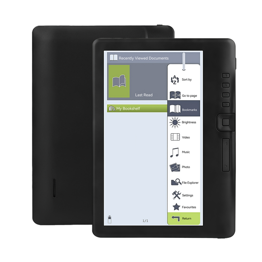 Black Klarity Portable Ebook Readers with a touchscreen interface on a white background