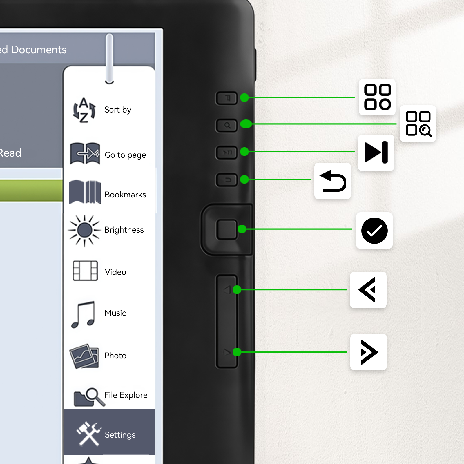 Klarity Portable Ebook Readers with control buttons and icons on a white background