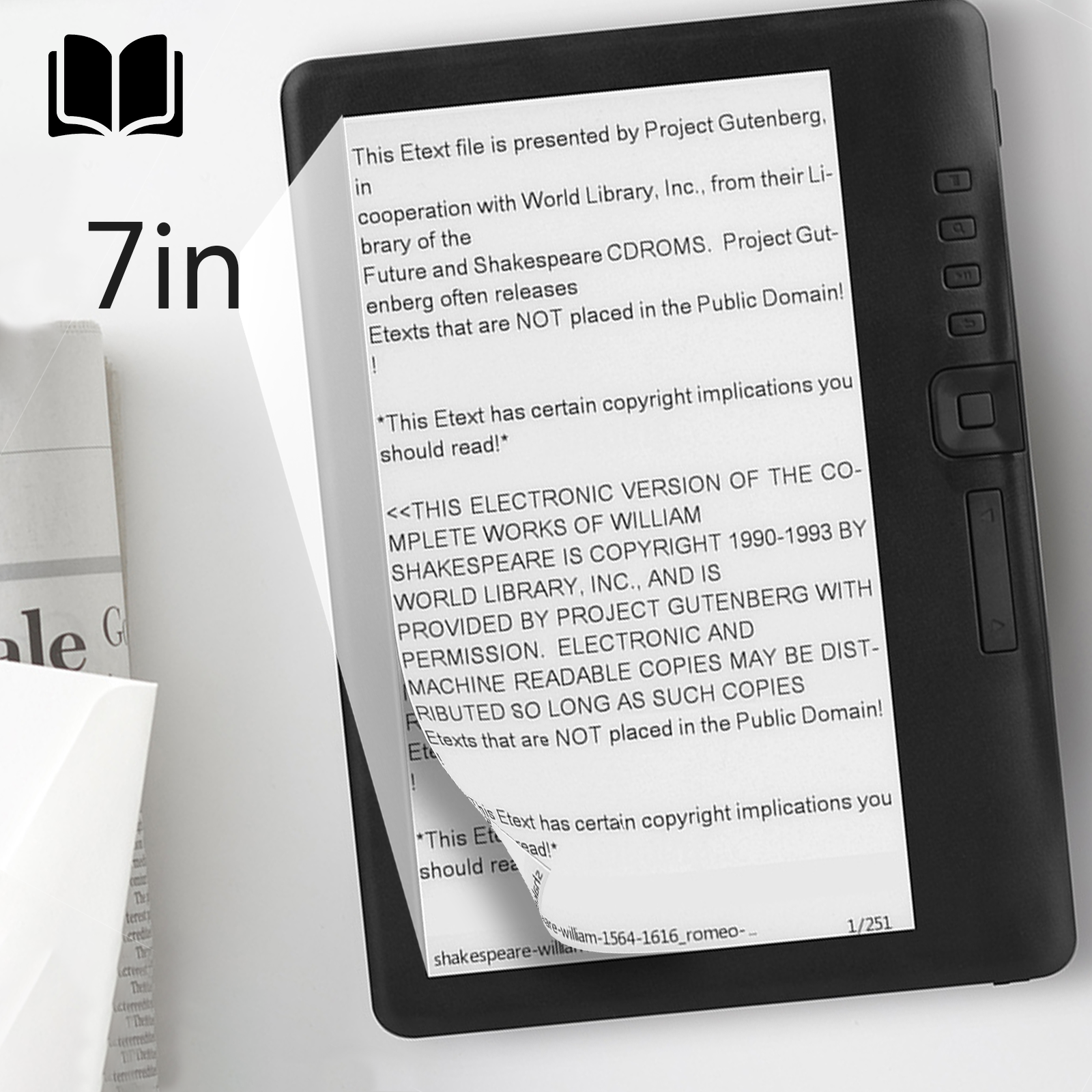 7-inch Klarity Portable Ebook Readers displaying text with a book in the background